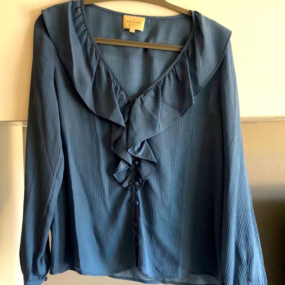 Sezane blue silk ruffle blouse